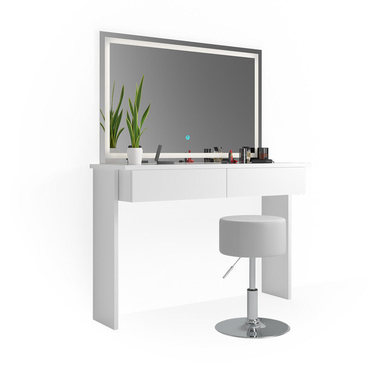SCHMINKTISCH Azur Weiß 120 cm mit LED-Spiegel und Hocker - Weiß, Holzwerkstoff (120/83/40cm) - Vicco