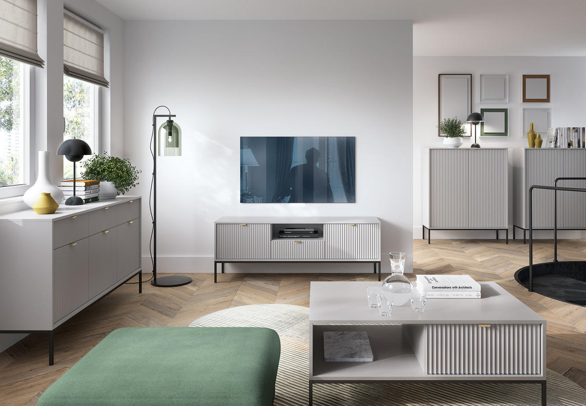 TV-SCHRANK NOVA Geriffelt Regal, 2 Türen, Schublade, Schwarze Beine, 154x39x56cm, Grau - Graphitfarben/Schwarz, Holzwerkstoff/Kunststoff (154/56/39cm) - DomoHome