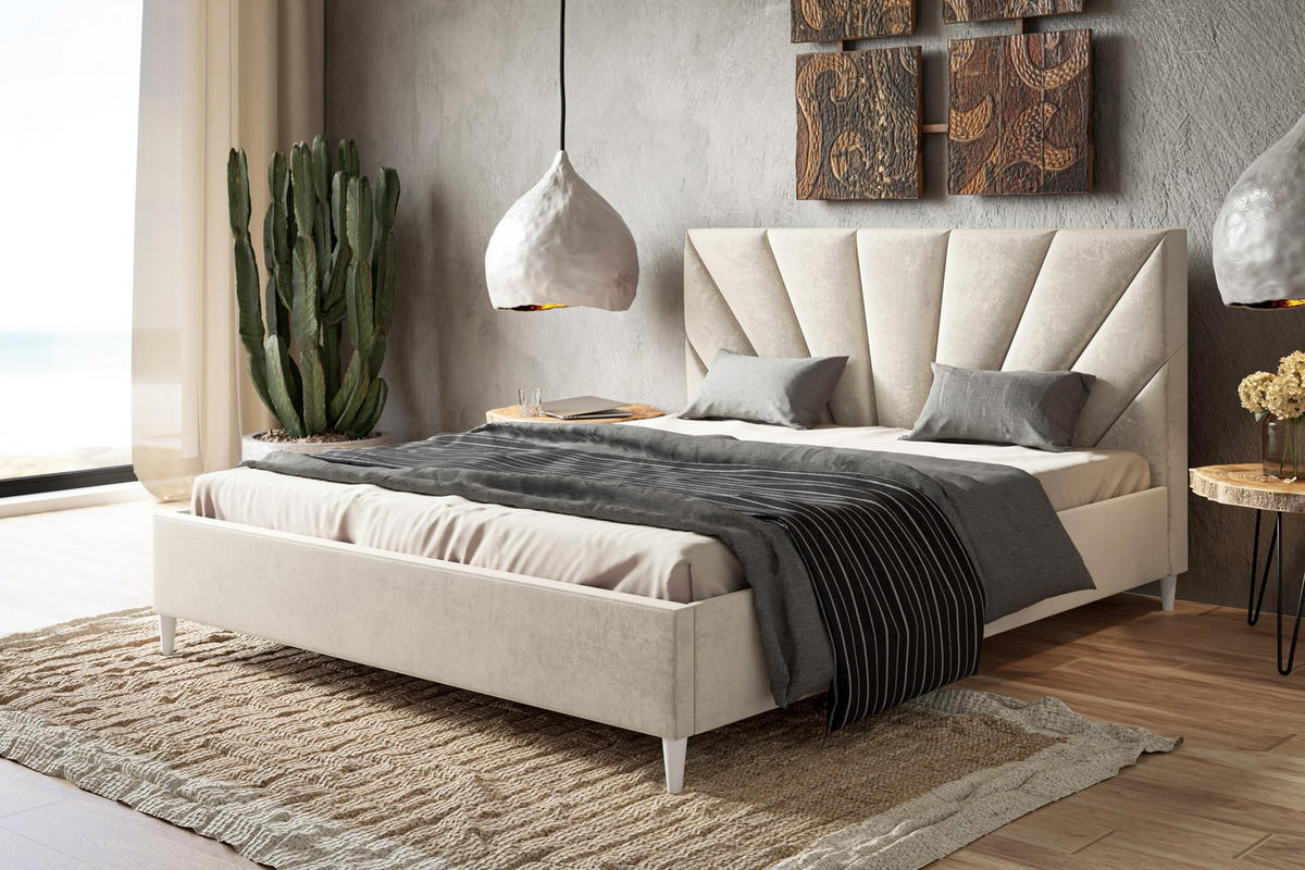 POLSTERBETT LUX Denver mit Kopfteil, 120 x 200 cm, Doppelbett mit Lattenrost aus Holz, Velourstoff Beige, Füße in Farbe: Weiß - Beige, Holz/Textil (120/200cm) - Alpi-Möbel