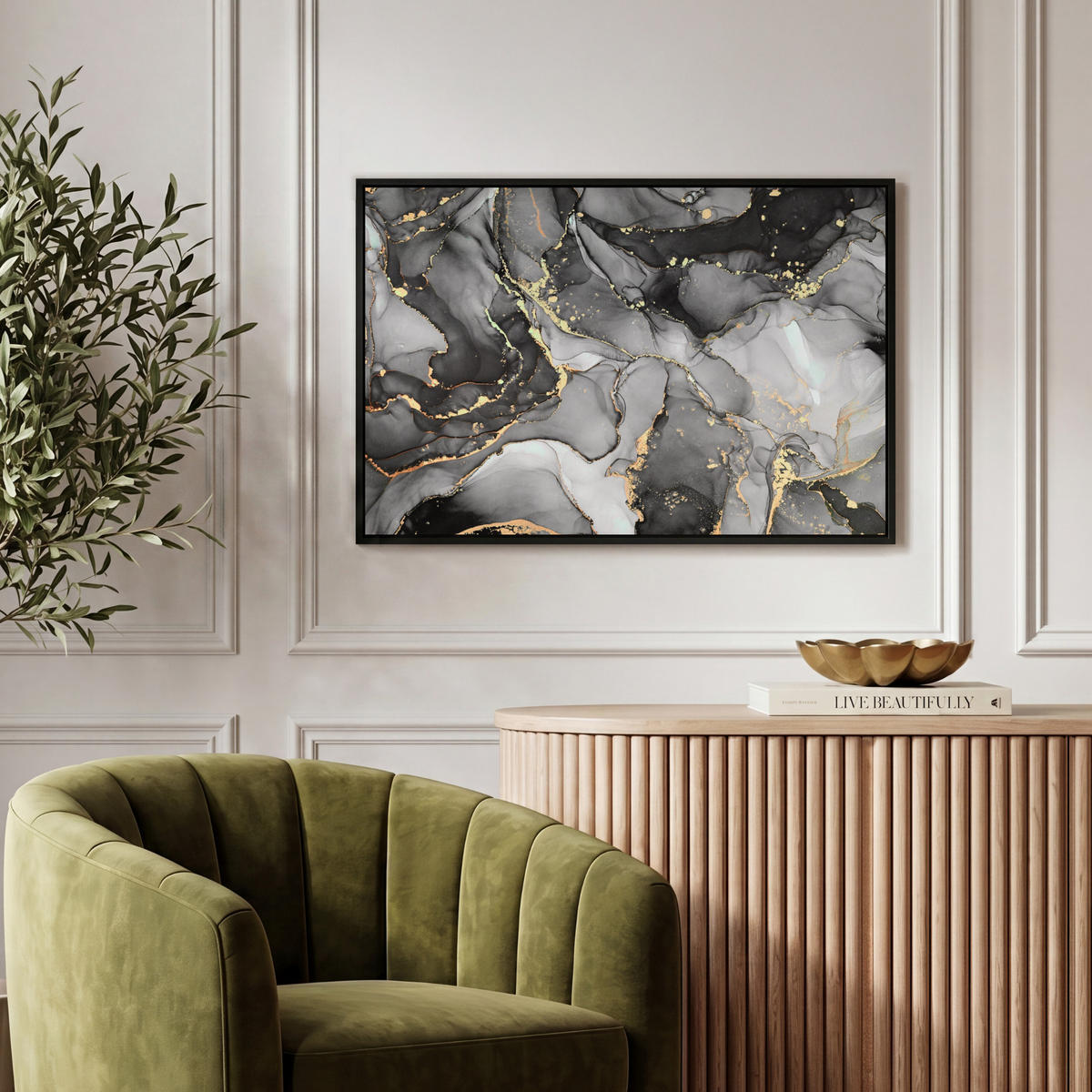LEINWAND Bilder mit Rahmen - Grau - Luxus - Gold - Marmor - 60x40 - Dunkelgrau, Textil (60/40cm) - MuchoWow