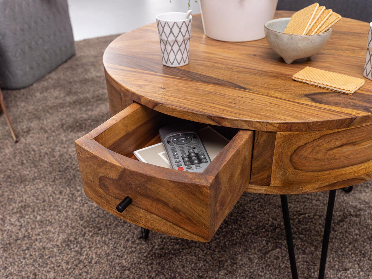 COUCHTISCH Sheesham-Massivholz Schwarz, Metallbeine, Handgefertigt, Mit Schubladen - Schwarz/Braun, Holz/Metall (60/60/44cm) - KADIMA DESIGN