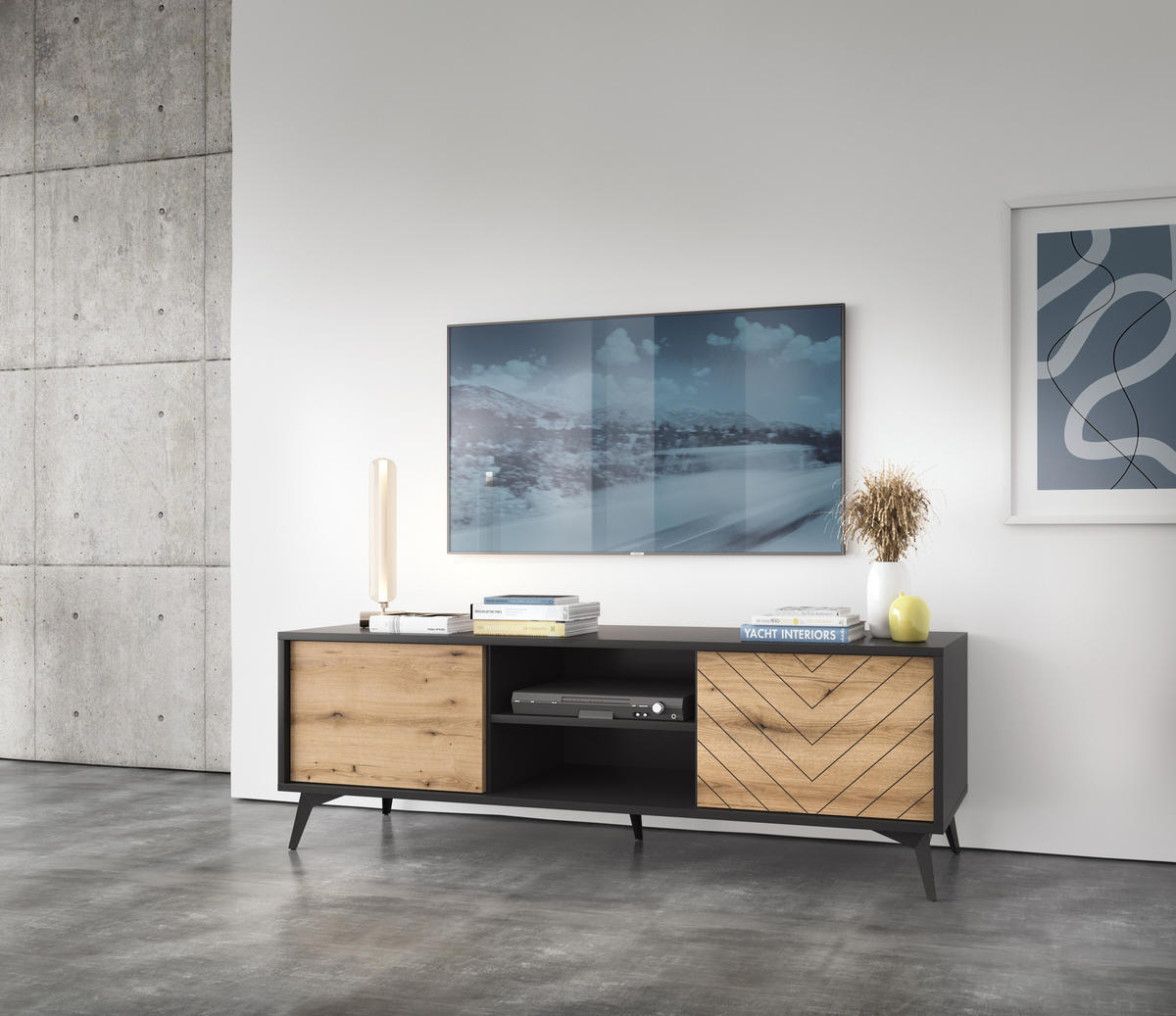 TV-SCHRANK Boulia Schwarz mit Fischgrätfronten in Eiche 154 cm - Eichefarben/Schwarz, Holzwerkstoff/Metall (154/50/39cm) - Selsey