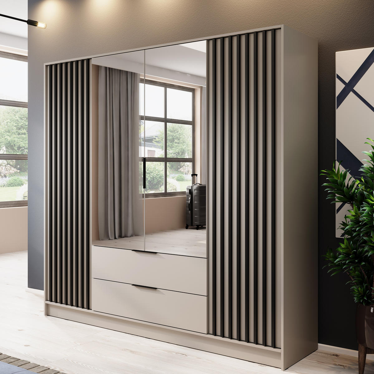 KLEIDERSCHRANK Stilo in Kaschmir, vier Türen, mit Spiegel und Lamellen an der Front - Kaschmir/Schwarz, Holzwerkstoff/Kunststoff (206/200/51cm) - Ravio