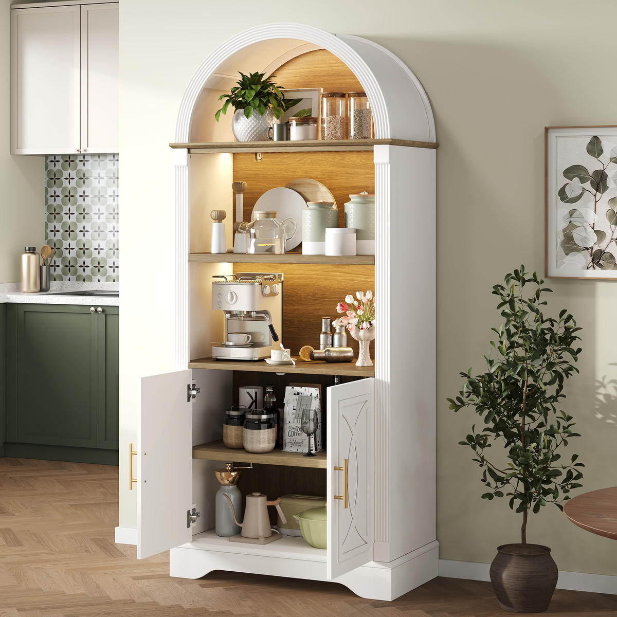 HIGHBOARD Weiß 76,2×40,1×180 cm mit LED‑Beleuchtung und verstellbaren Einlegeböden aus Holzwerkstoff - Weiß, Holzwerkstoff (76.2/180/40.1cm)