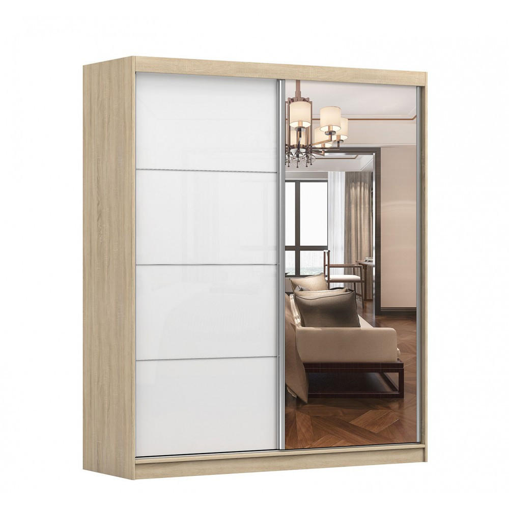 SCHWEBETÜRENSCHRANK Multi 35 Sonoma Eiche, Weiß Semigloss + Spiegel 183 cm - Alufarben/Weiß, Glas/Holzwerkstoff (183/218/61cm) - imoebel24