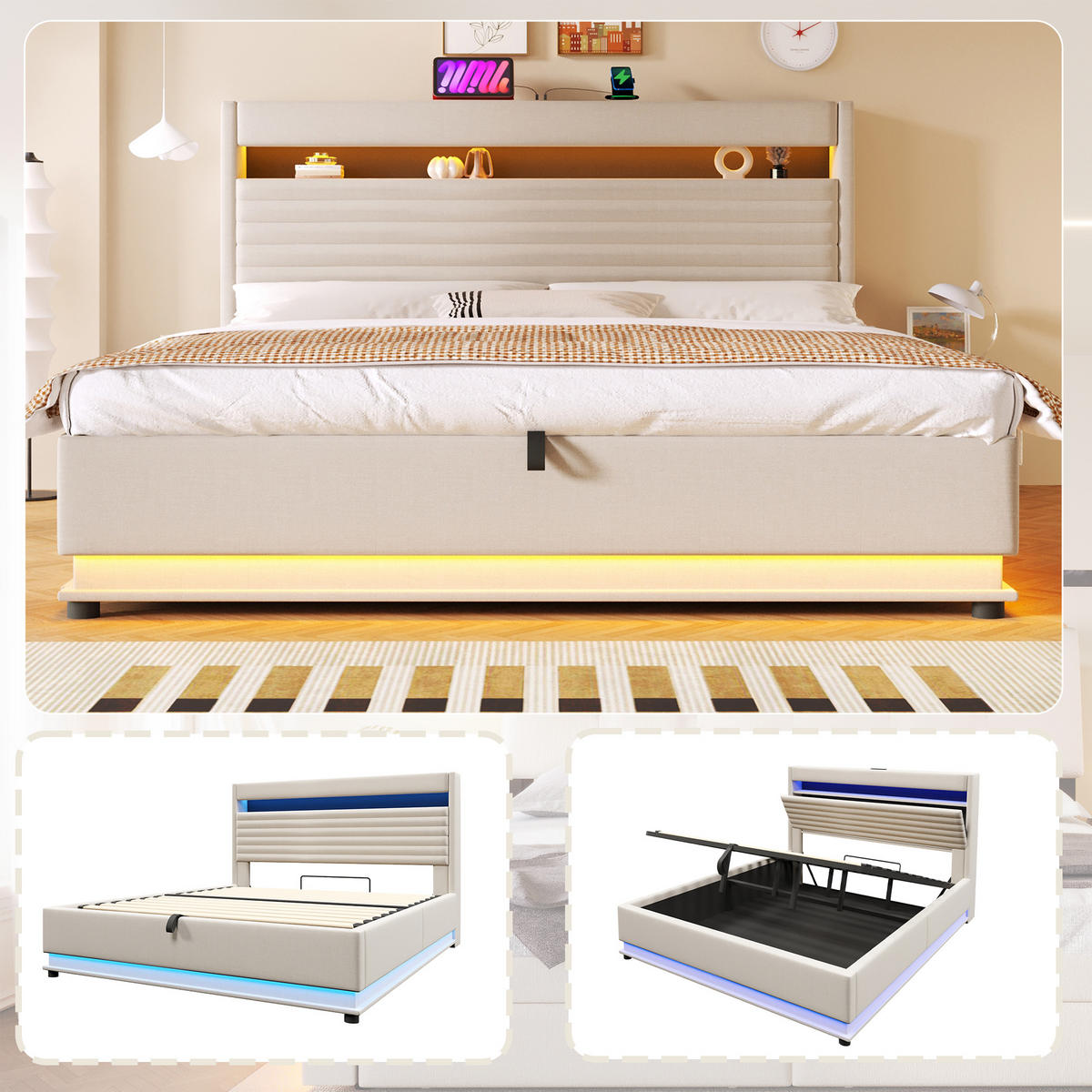 POLSTERBETT 180/200 cm Beige mit USB-Typ-C-Anschluss, LED-Beleuchtung und Ablagefach - Beige, Textil (180/200cm) - Oxeza