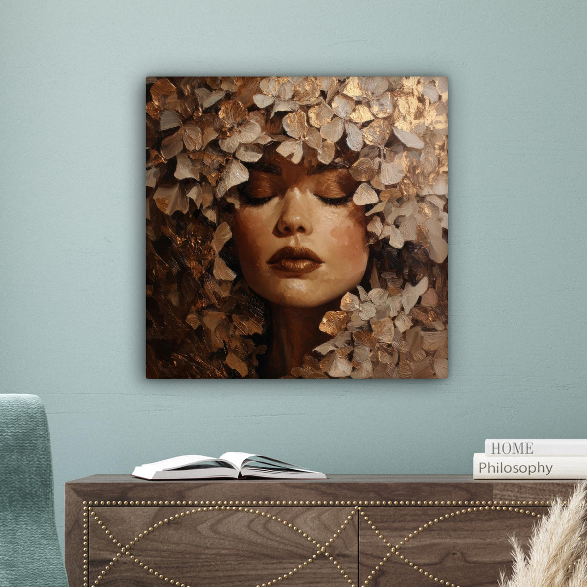 LEINWANDBILD Gesicht - Dame - Blätter - Pinselstriche Wandbild Wohnzimmer 50x50 cm - Goldfarben, Textil (50/50cm) - MuchoWow