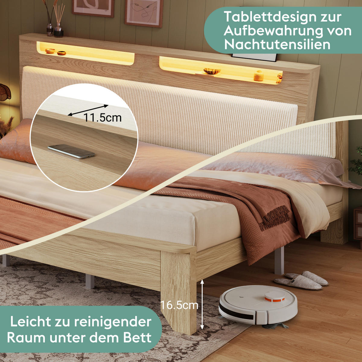DOPPELBETT 160/200 cm mit LED-Beleuchtung, Kopfteil mit Stauraum, Cord und Matratze, Eichefarben/Beige - Beige, Textil (160/200cm) - Redom
