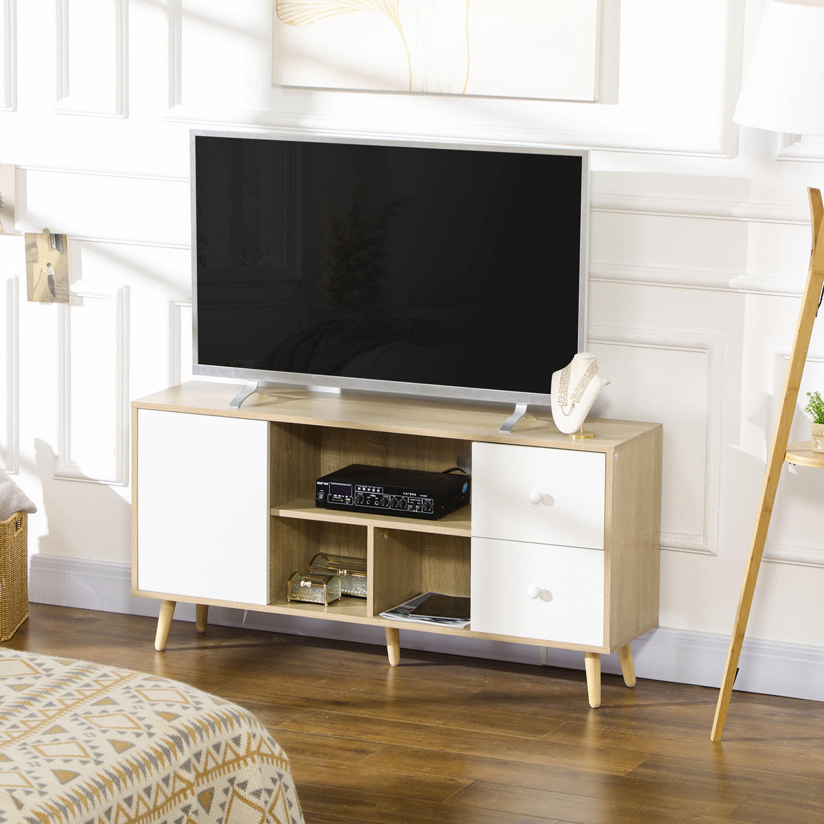 TV-LOWBOARD Weiß/Natur 120/30/60 cm, Massivholzfüße, 1 Tür, 2 Schubladen - Naturfarben, Holzwerkstoff (120/60/30cm) - PANGIVO