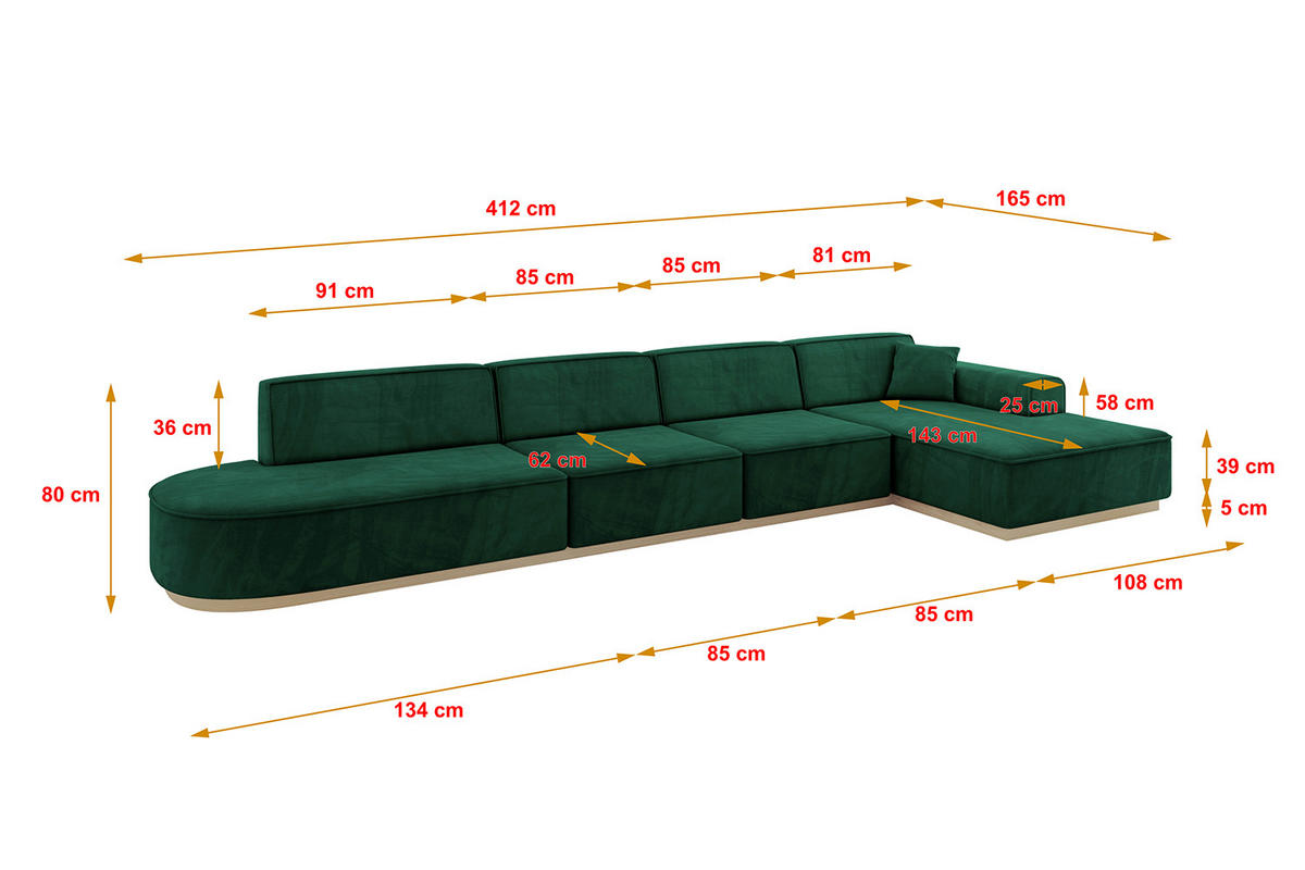 ECKSOFA Ottomane Rechts IREA-L3 - 412x165x80 cm Grün - Dunkelgrün, Holzwerkstoff/Textil (412/165cm) - ALTDECOR