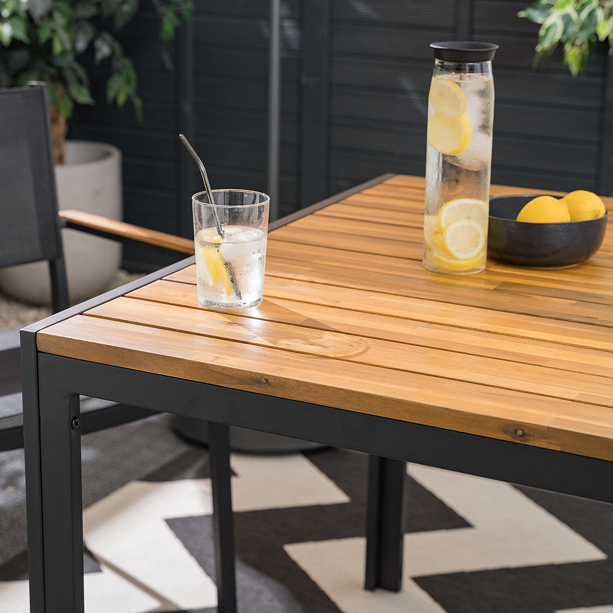 GARTENESSGRUPPE - Akazie massiv / Aluminium - Braun / Schwarz - 3-teilig - Schwarz/Braun, Holz/Textil - home24