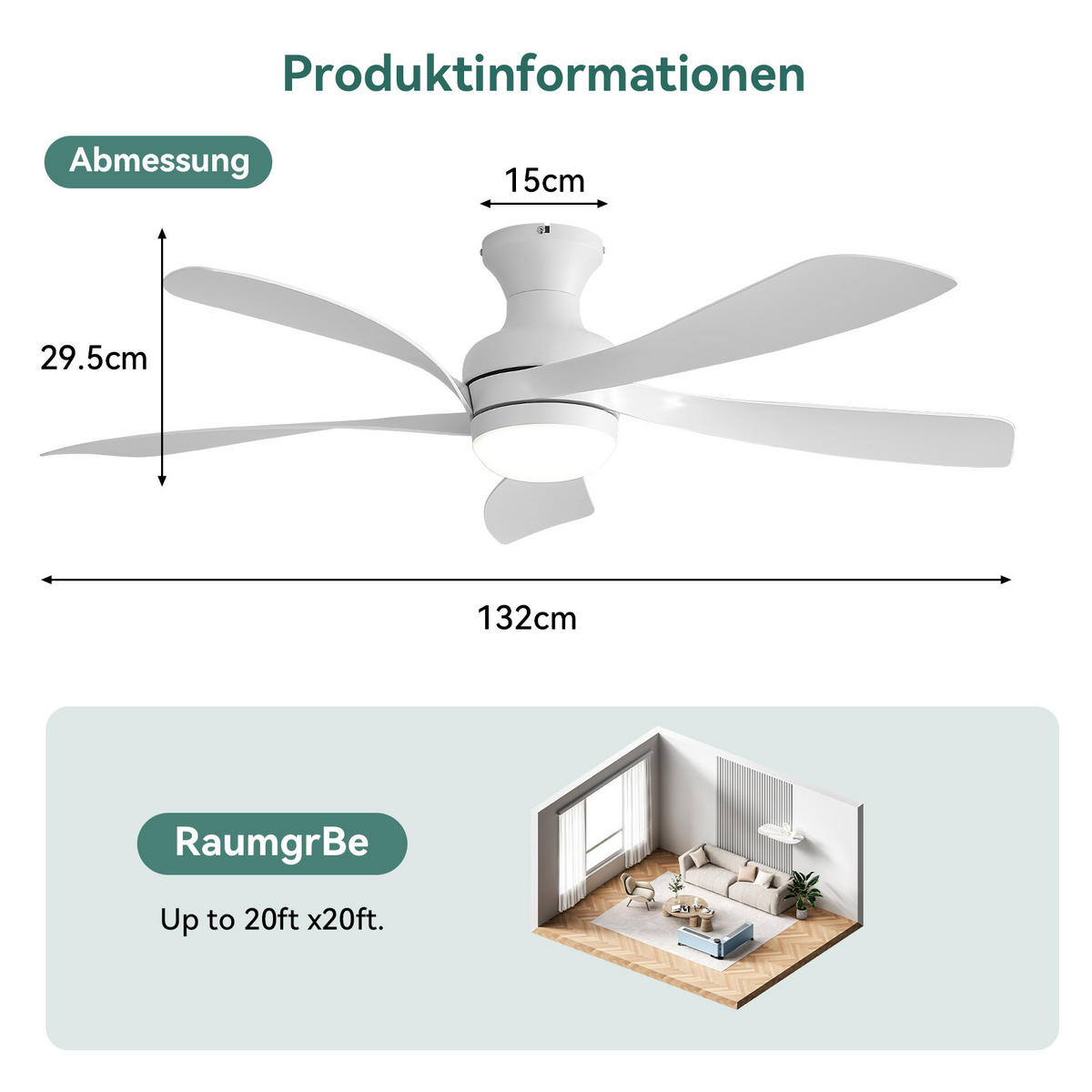 DECKENVENTILATOR 132cm LED Licht Fernbedienung DC Motor Weiß Timer - Weiß, Kunststoff (132/132/30.5cm) - CASIVA