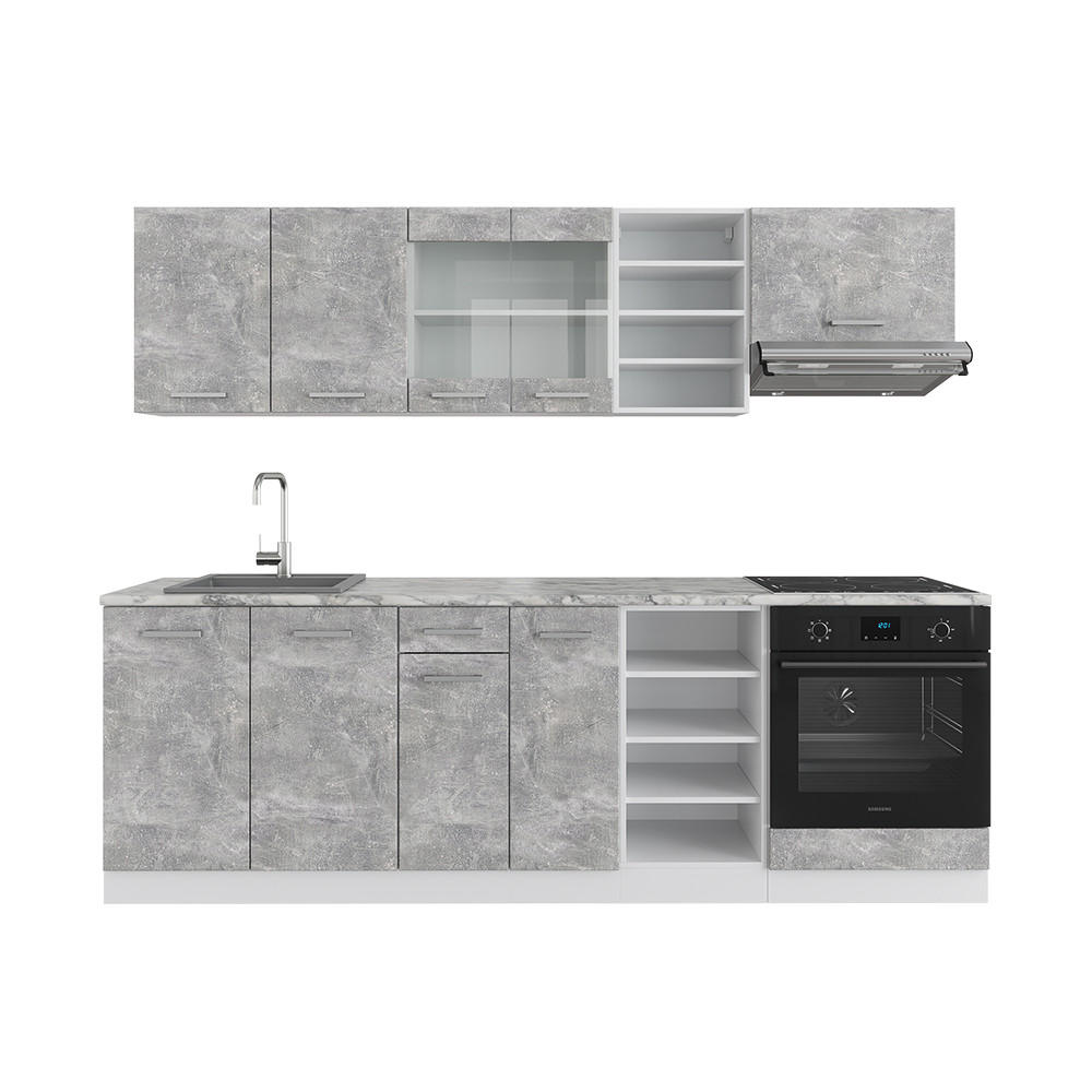 KÜCHENZEILE R-Line Beton/Weiß 240 cm ohne AP - Schieferfarben/Weiß, Holzwerkstoff (240/81.6/46cm) - Vicco