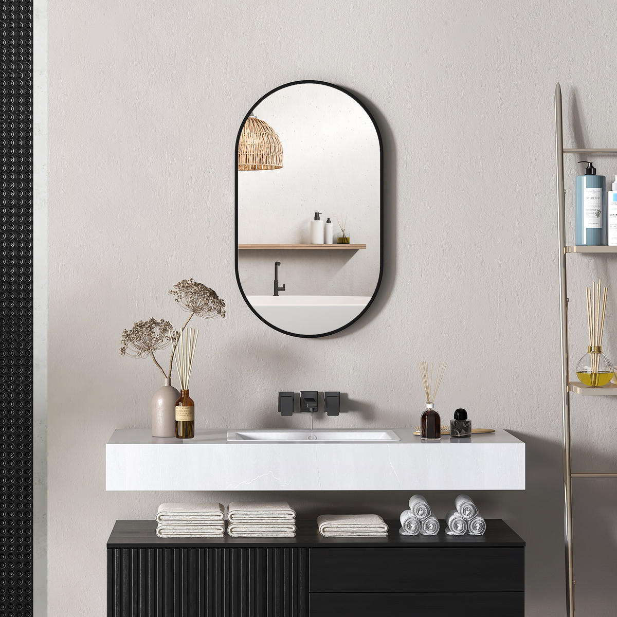 BADEZIMMERSPIEGEL Ovaler Wandspiegel, mit 3 Haken, 40 x 70 cm ,schwarz - Schwarz, Glas (3/70/40cm) - Vallsero