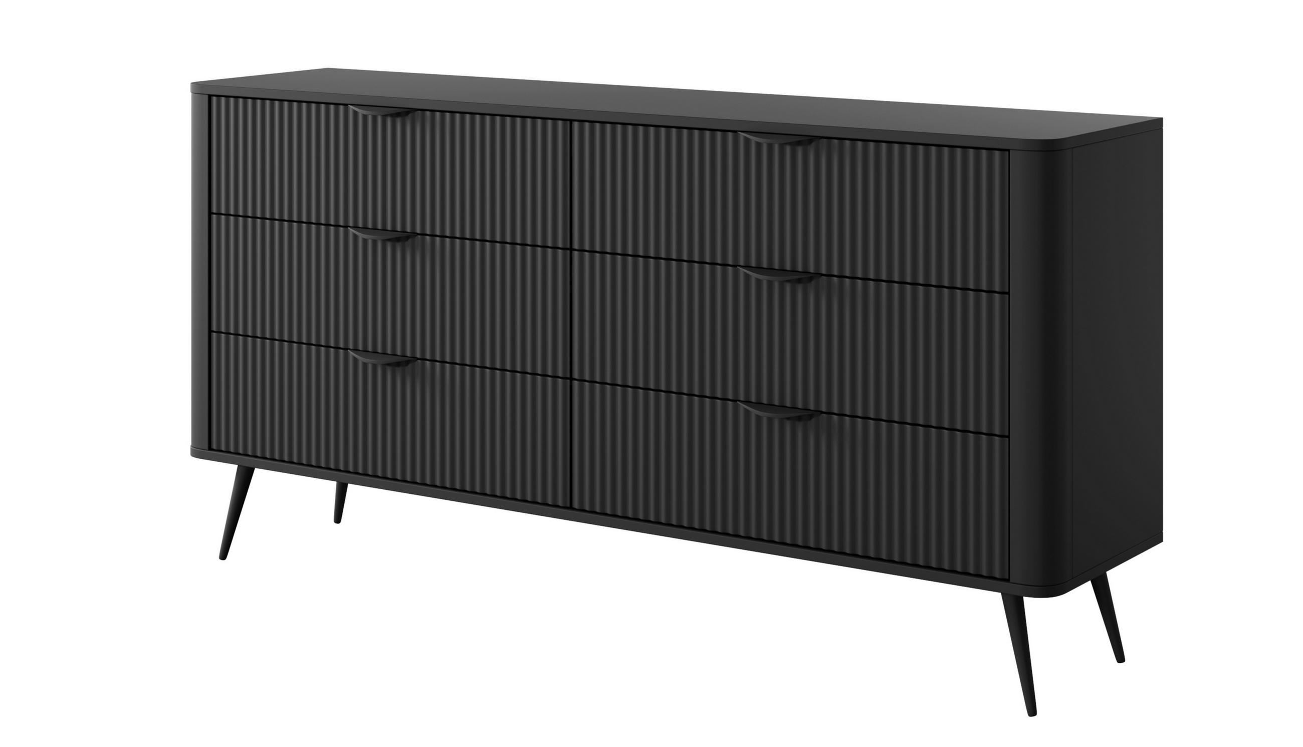 SIDEBOARD Vespasia 6S Schwarz 163,2/81,2/38 cm – Geriffelten Fronten - Schwarz, Holzwerkstoff/Metall (163/81.2/38cm) - AX Living