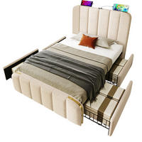 POLSTERBETT 90/200 cm Beige mit 4 Schubladen und USB-Typ-C-Anschluss mit Matratze - Beige, Textil (90/200cm) - OKWISH