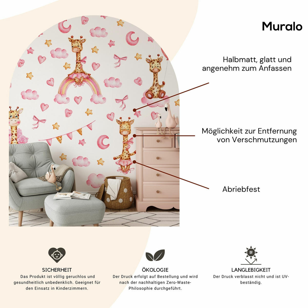 STICKER SET für Kinder Giraffen rosa Wolken Monde Sterne 60x30 - Gelb/Beige, Papier (60/30/1cm) - Muralo