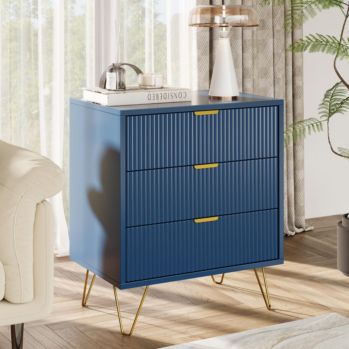 KOMMODE Dunkelblau mit 3 Schubladen & goldenen Metallfüßen - Dunkelblau, Holzwerkstoff (40/70/60cm) - SHOPENTRA