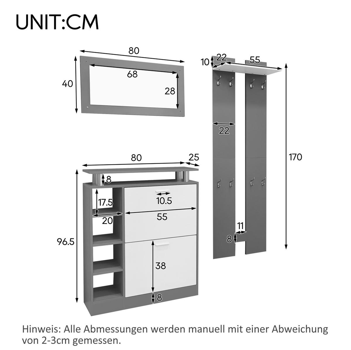 GARDEROBENSET 80/25/96,5 cm aus Spanplatte mit Spiegel und verstellbarem Schuhschrank Grau/Weiß - Weiß, Holzwerkstoff (80/96/25cm) - Modenvie