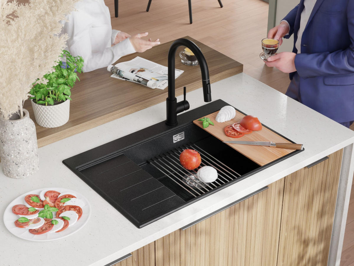 SPÜLBECKEN Sydney, 2-er set Anthrazit 78/50 cm 1 Becken + Ablauf-Set + Küchenzubehörset ab 60er Unterschrank - Chromfarben/Anthrazit, Kunststoff (78/20/50cm) - Primagran