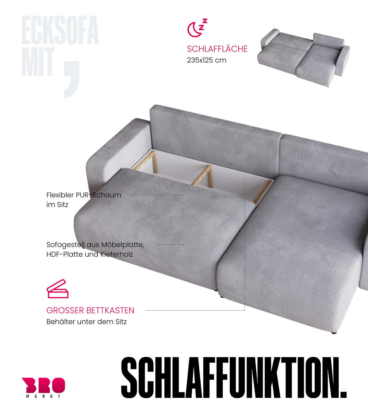 ECKSOFA PUMI XL mit Schlaffunktion Grau Cord - Grau, Textil (274/148cm) - Bromarkt