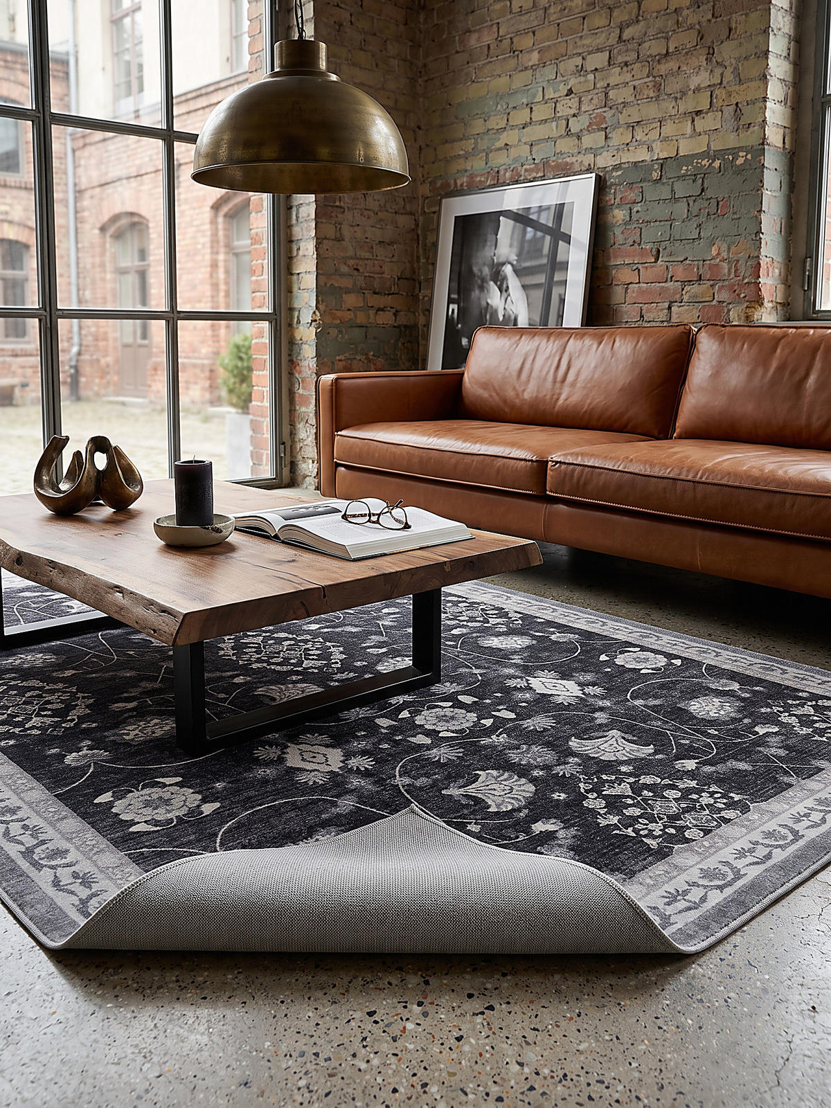 TEPPICH Kurzflor, waschbar, mit floralen Ornamenten, VERNANTE in Schwarz-Creme-Grau, 120 x 170 cm - Schwarz, Textil (120/170cm) - KADIMA DESIGN
