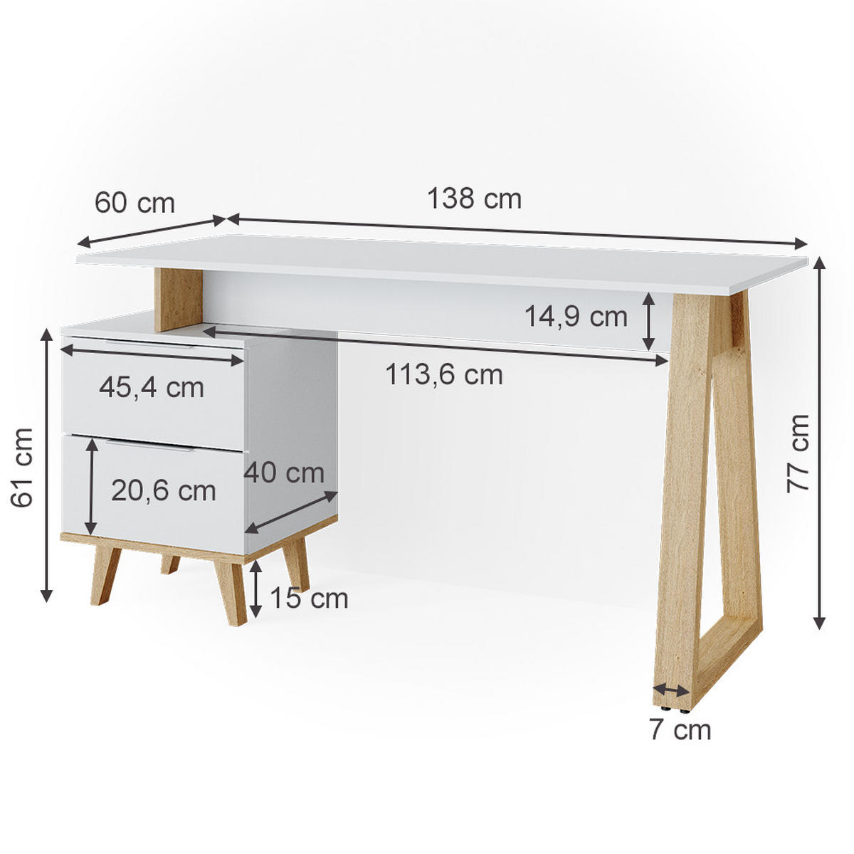 SCHREIBTISCH Nautica Weiß 138 x 60 cm mit Schubladen L - Eichefarben/Weiß, Holzwerkstoff (60/138/77cm) - Vicco