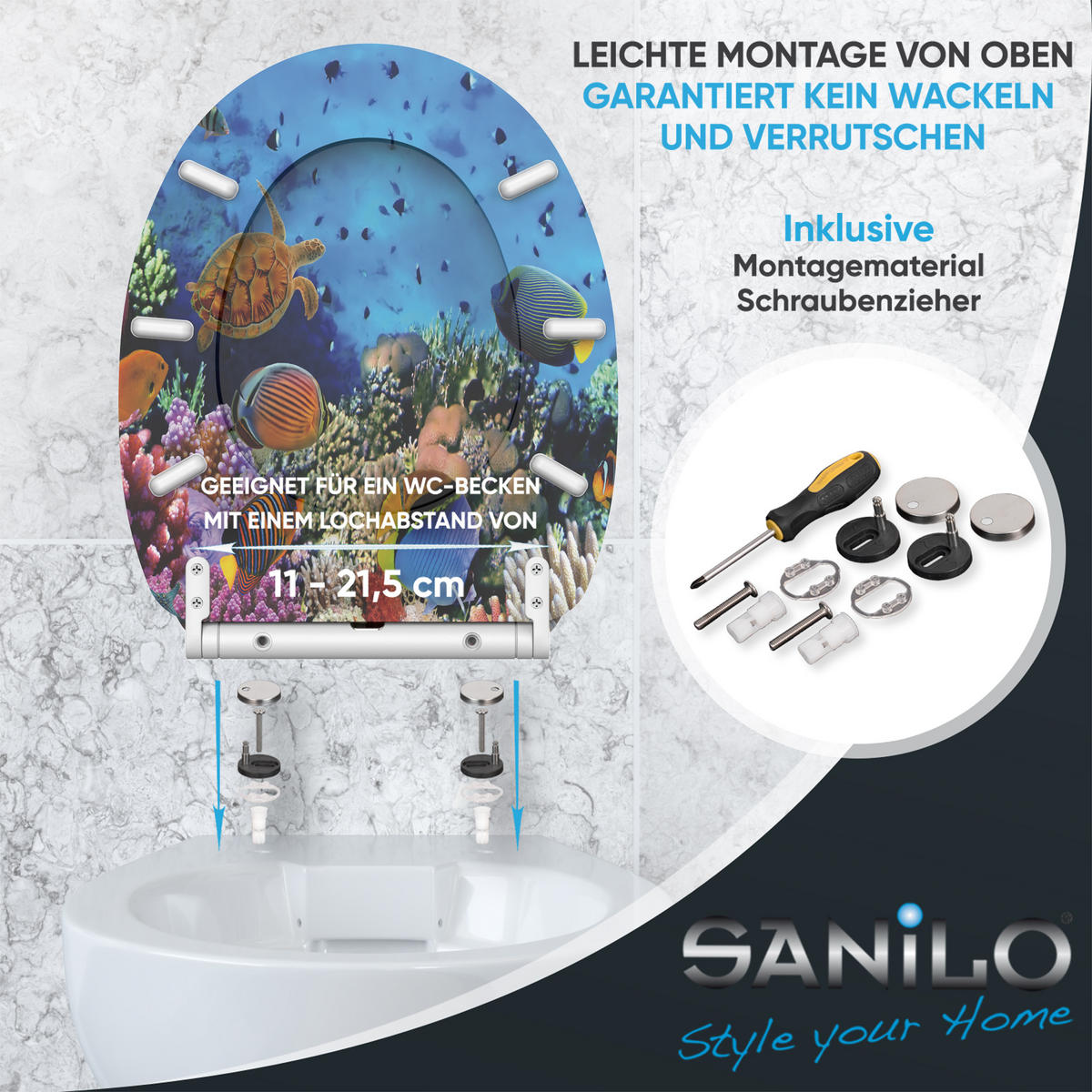 WC-SITZ mit Absenkautomatik & Top Fix Ocean - Blau, Holzwerkstoff (37.7/5.5/48cm) - Sanilo