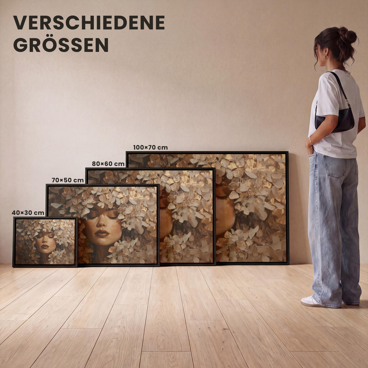 LEINWAND Bilder mit Rahmen - Gesicht - Dame - Blätter - Pinselstriche - 40x30 - Goldfarben, Textil (40/30cm) - MuchoWow