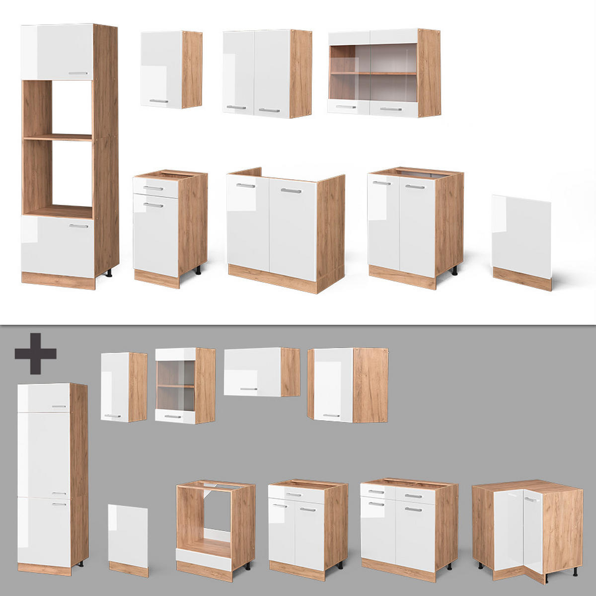 KÜCHENZEILE R-Line Weiß Hochglanz/Goldkraft Eiche 300 cm mit Hochschrank ohne AP - Weiß Hochglanz/Eiche Wotan, Holzwerkstoff (300/81.6/46cm) - Vicco
