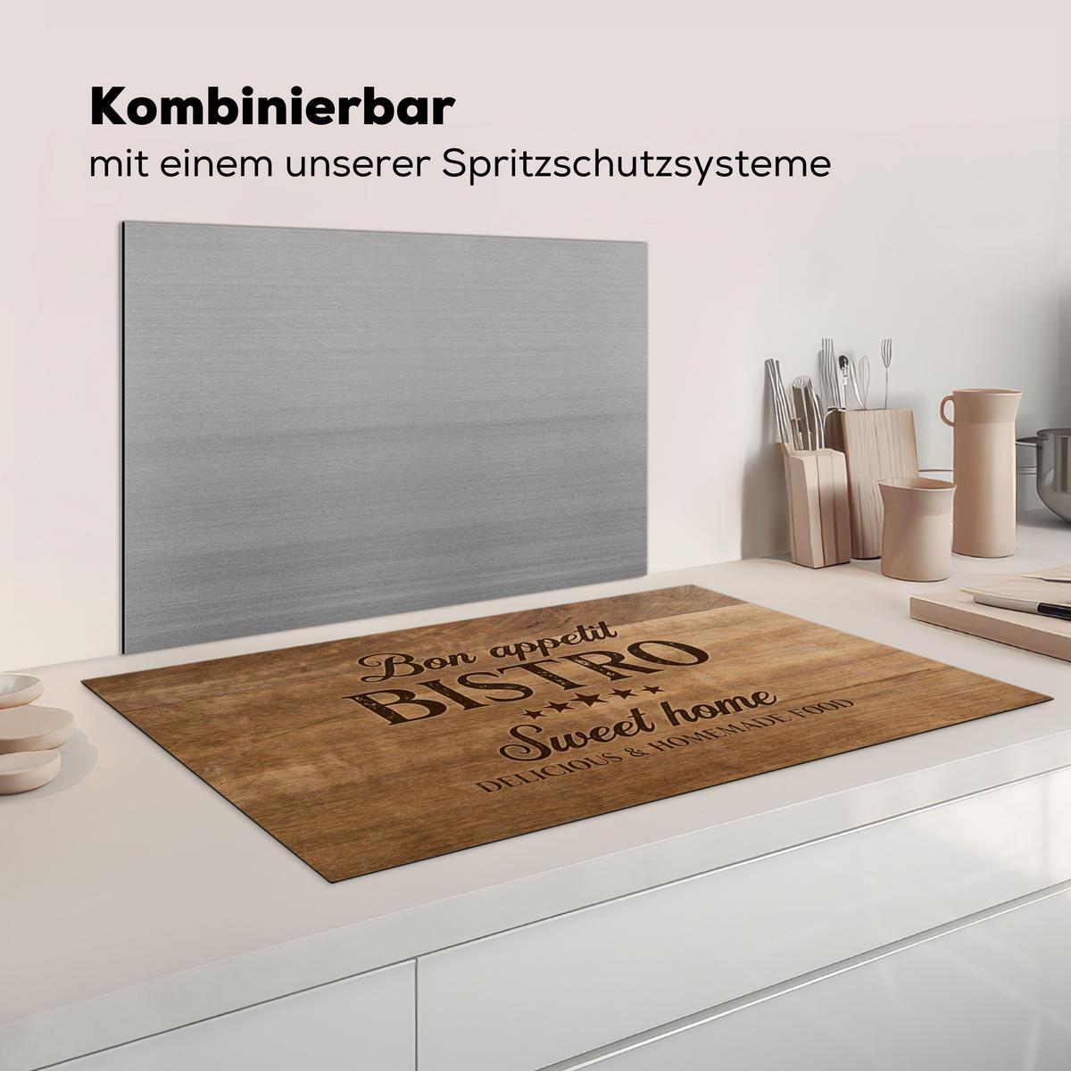 KRYT NA INDUKČNÍ DESKU Citace - Bistro - Dobrou chuť - Sweet home - Textura dřeva 89.6x51.6 cm - hnědá, plast (89.6/51.6/0.2cm) - MuchoWow