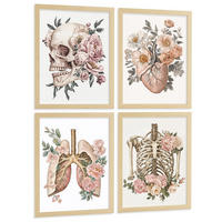 POSTER Set aus 4 Anatomie Mensch Florale Drucke und mit Schädel Herz Lungen und Skelett Botanische Aquarell Illustration dekoration Größe Rahmenlos A3 - Klar, Papier (29.7/42/3cm) - Nacnic