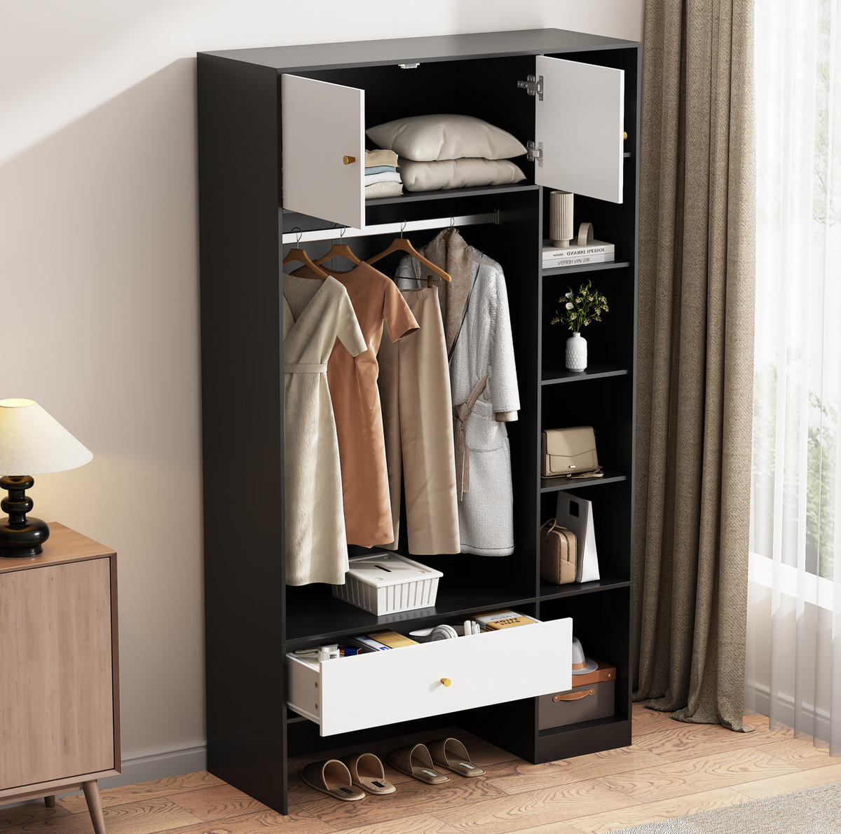STANDKLEIDERSCHRANK 105/40/185 cm mit 2 Türen, Schublade und offenen Fächern - Weiß, Holzwerkstoff (105/185/40cm) - BEAOK