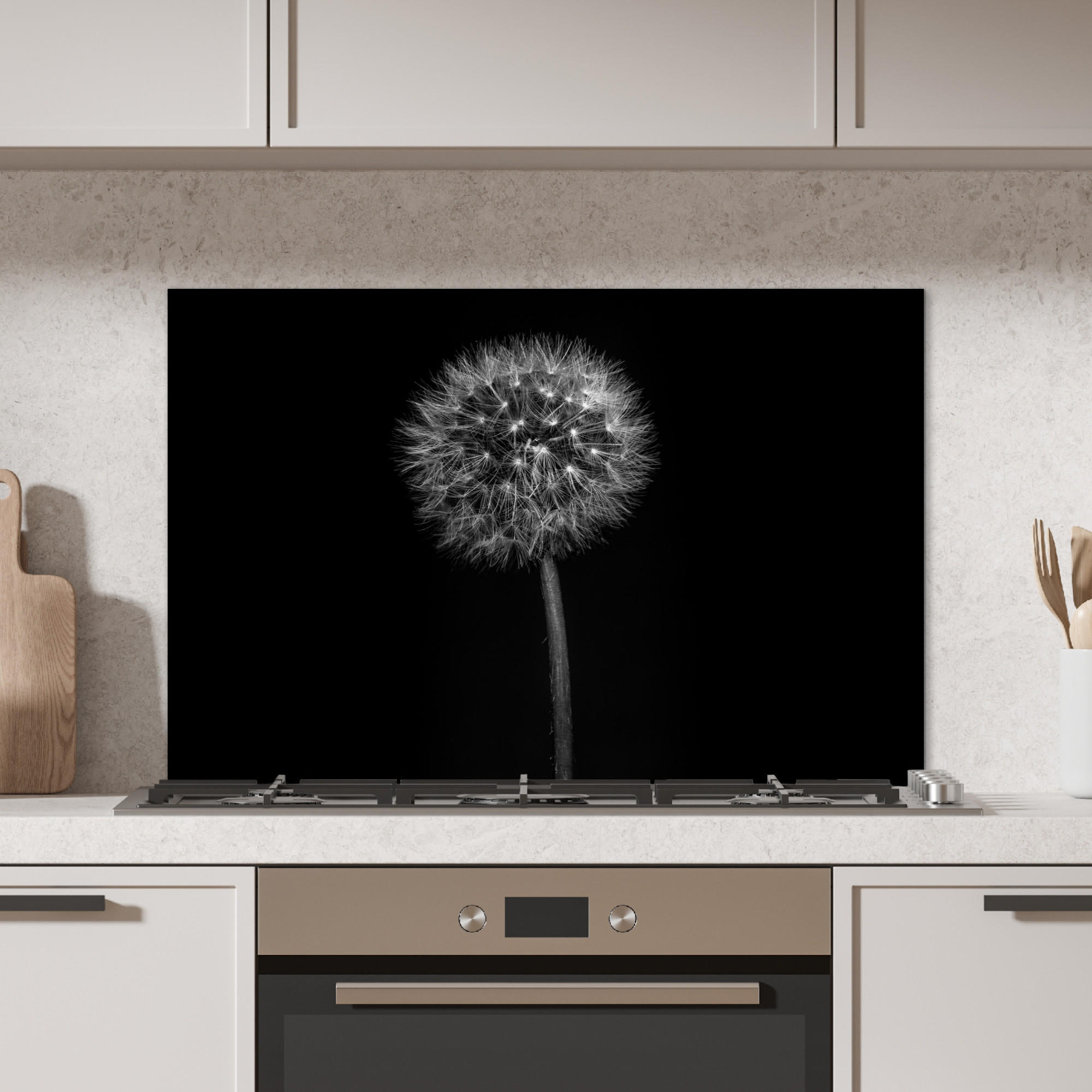 SPRITZSCHUTZ KÜCHE Löwenzahn - Schwarz - Floral - Botanisch 90x60 cm - Grau, Metall (90/0.3/60cm) - MuchoWow