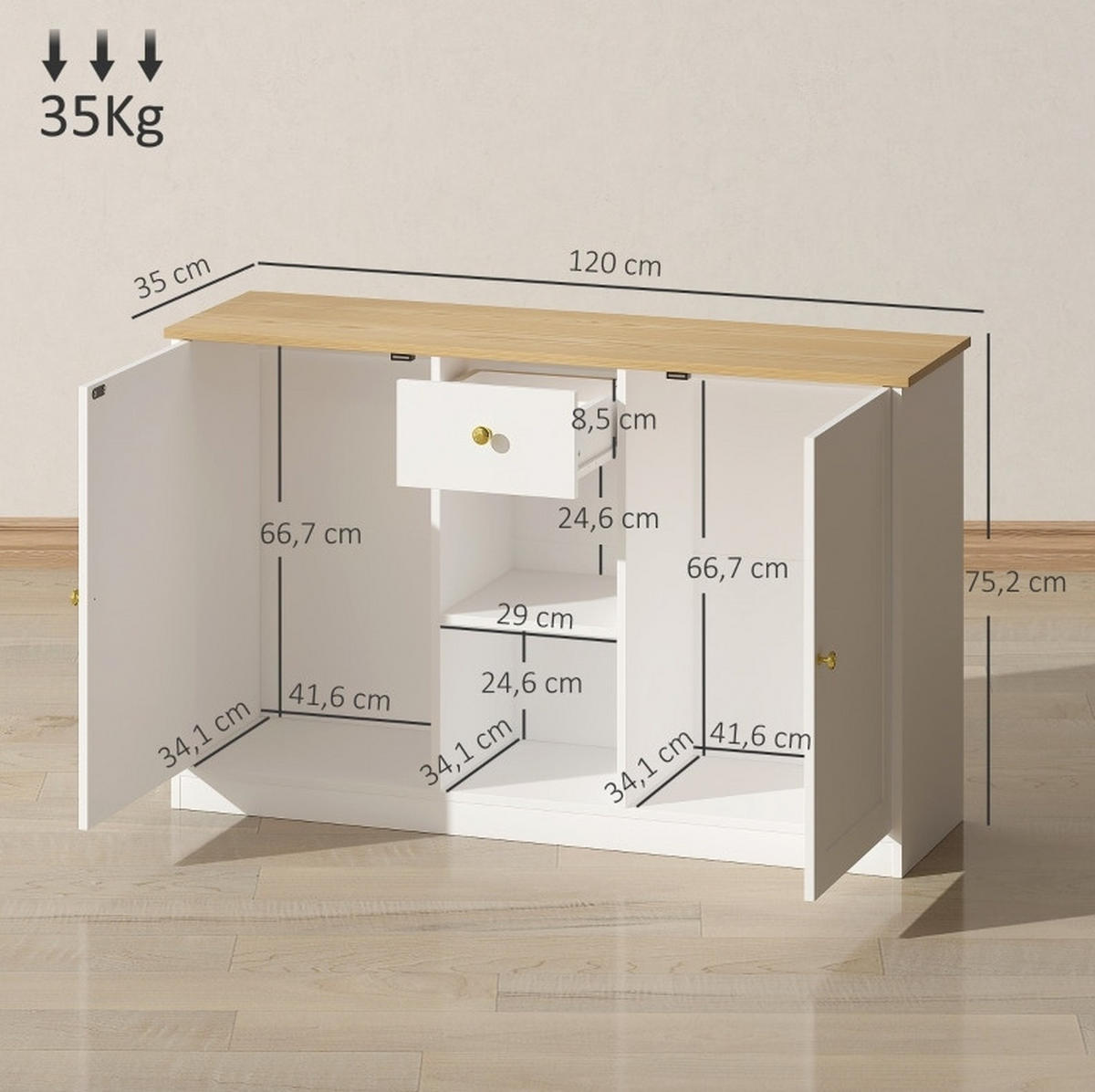 SIDEBOARD aus Spanplatte 120x35x75,2 cm Weiß mit Schublade, 2 Türen und offenen Ablagen - Weiß, Holz (120/75.2/35cm) - IVMEU