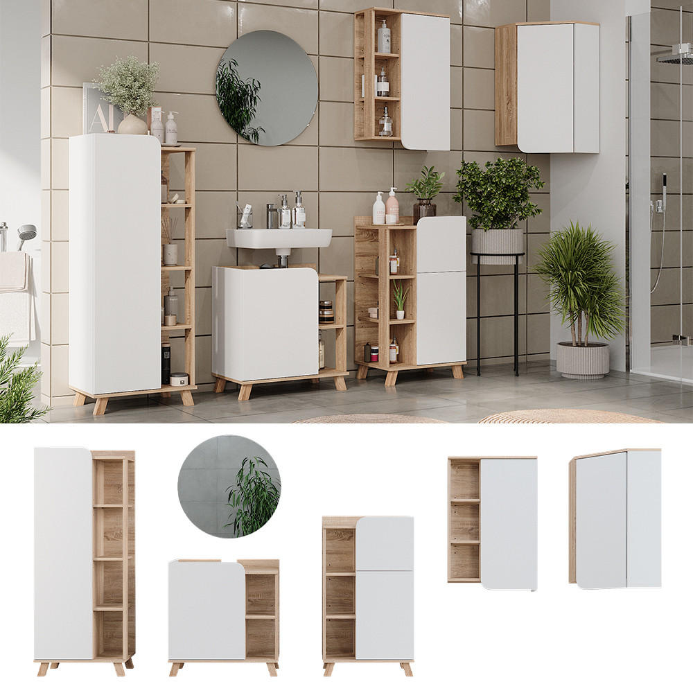 BADMÖBEL-SET Karen Sonoma/Weiß 6 Teile - Weiß/Sonoma Eiche, Holzwerkstoff (60/65/35cm) - Vicco