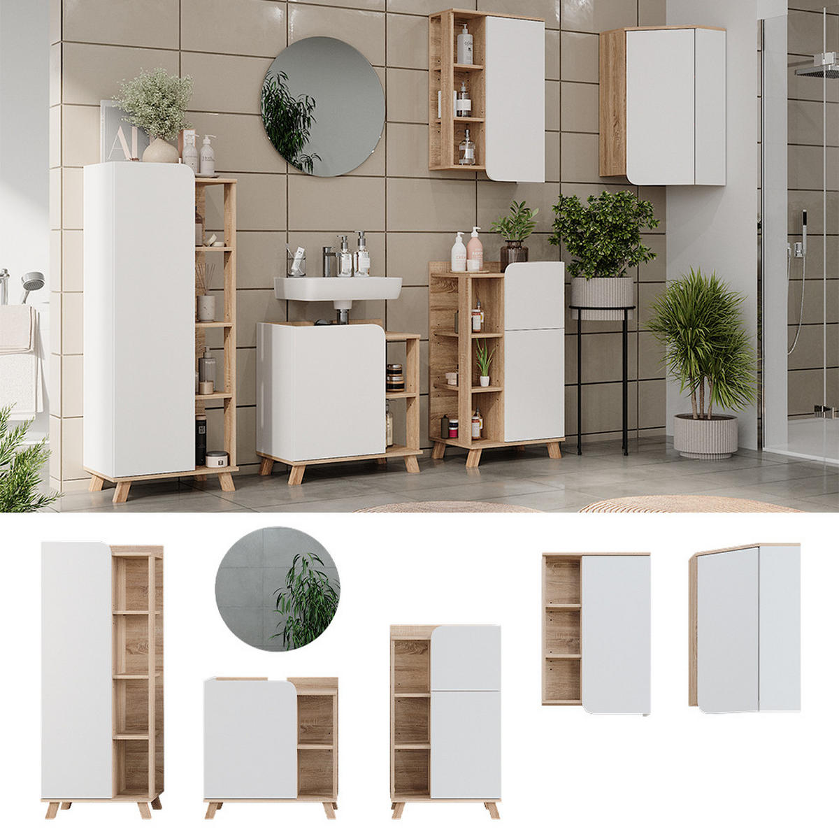 BADMÖBEL-SET Karen Sonoma/Weiß 6 Teile - Weiß/Sonoma Eiche, Holzwerkstoff (60/65/35cm) - Vicco
