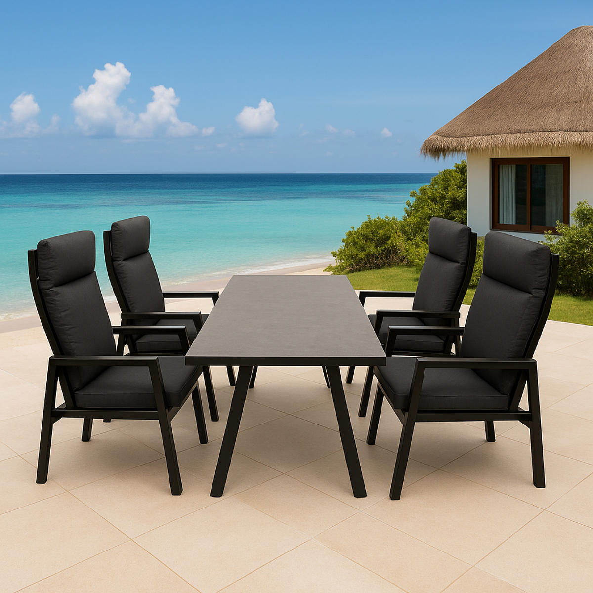 GARTEN-GARNITUR Reading - Essgruppe 5-teilig (4x Hochlehner Sessel mit Armlehnen, 1x Tisch 180x90cm), Gestell Aluminium dunkelgrau - Grau, Metall - TPFGarden