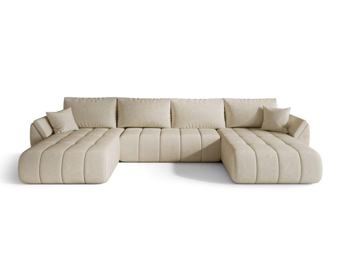 WOHNLANDSCHAFT SYDNEY PREMIUM U-Form beige Velours Monolith 2 - Schlaffunktion, Bettkasten - Beige, Textil (385/85/175cm) - Cornero