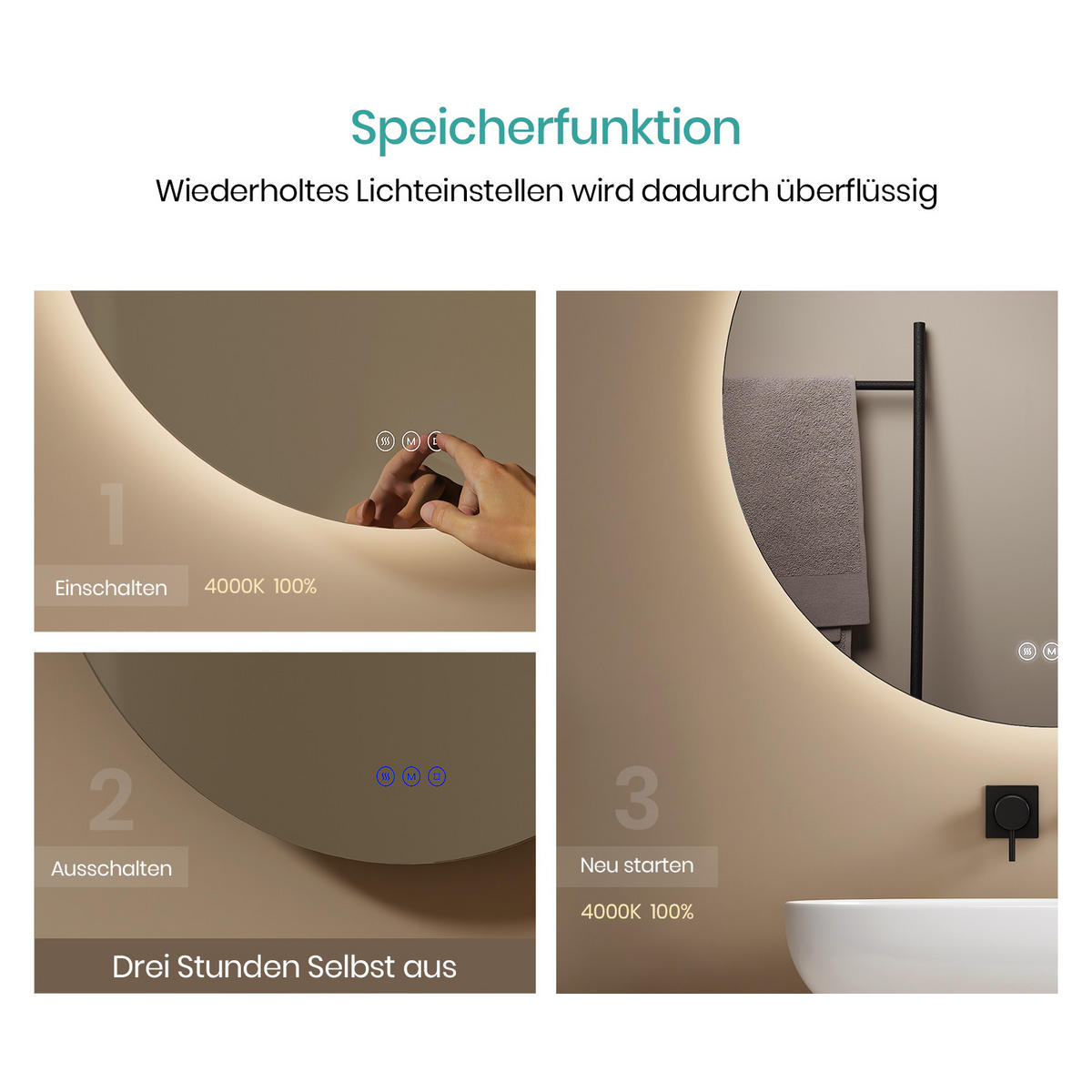 BADSPIEGEL rund mit Beleuchtung rahmenlos Ø70 cm - Weiß, Glas (70/3.5/70cm) - EMKE