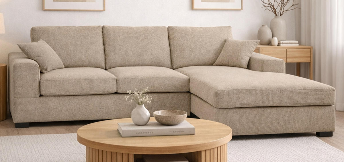SOFA beige Strukturstoff 308 cm, Ecksofa 5-Sitzer, L-Sofa Ottomane rechts - Beige/Schwarz, Holz/Textil (308/186cm) - Inn.Furn