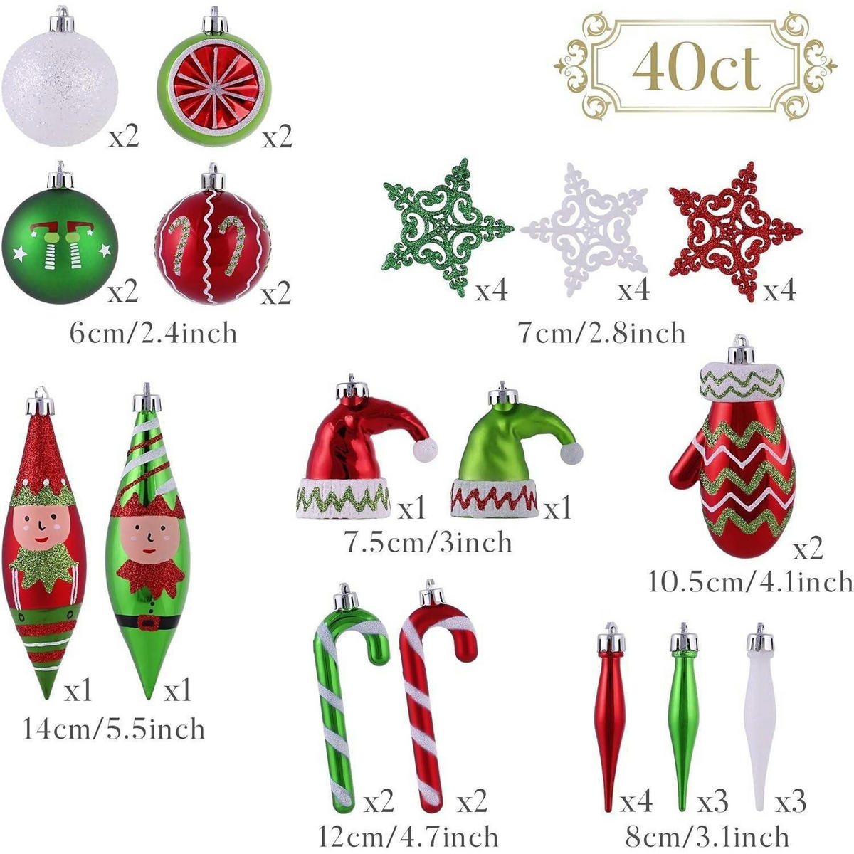 CHRISTBAUMKUGELN 40-teiliges Set Rot Grün Weiß - Multicolor, Kunststoff (10.5/10.5/14cm)