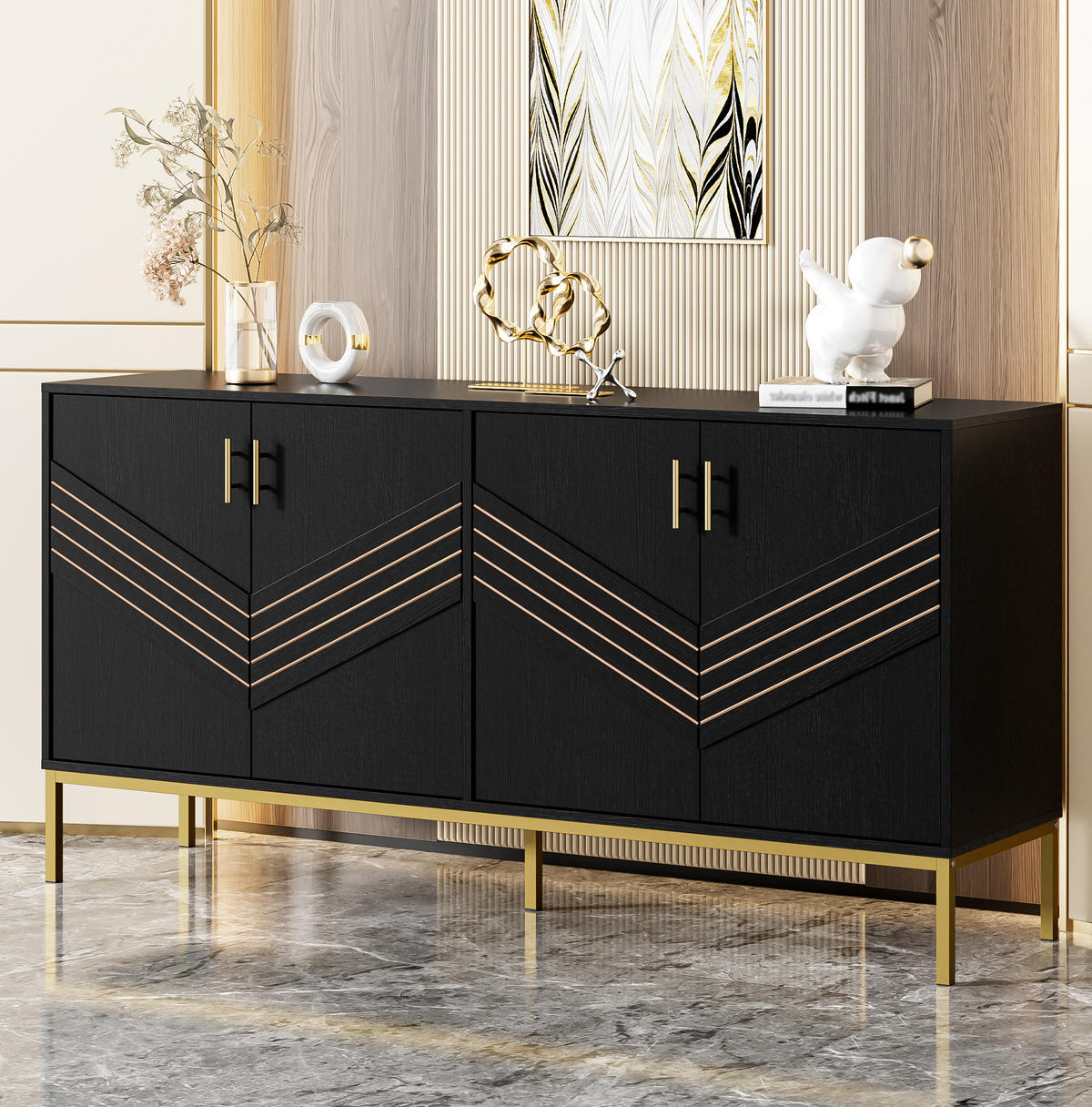 KOMMODE aus MDF 160x40x80,5cm in Schwarz Holzoptik mit 4 Türen - Schwarz, Holzwerkstoff (160/80.5/40cm) - Modfu