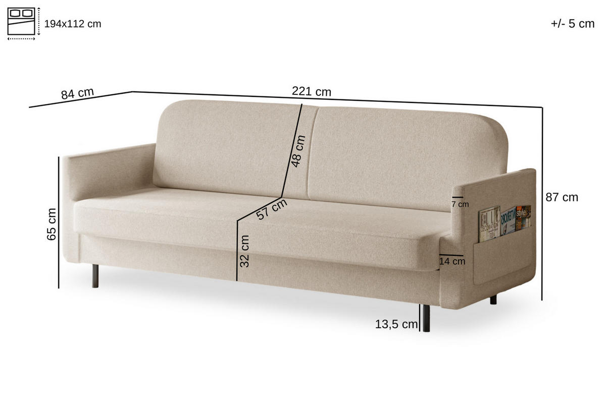 SCHLAFSOFA - POUCH - Beige - Aragon 03 - Beige, Holzwerkstoff (221/87/84cm) - Möblo