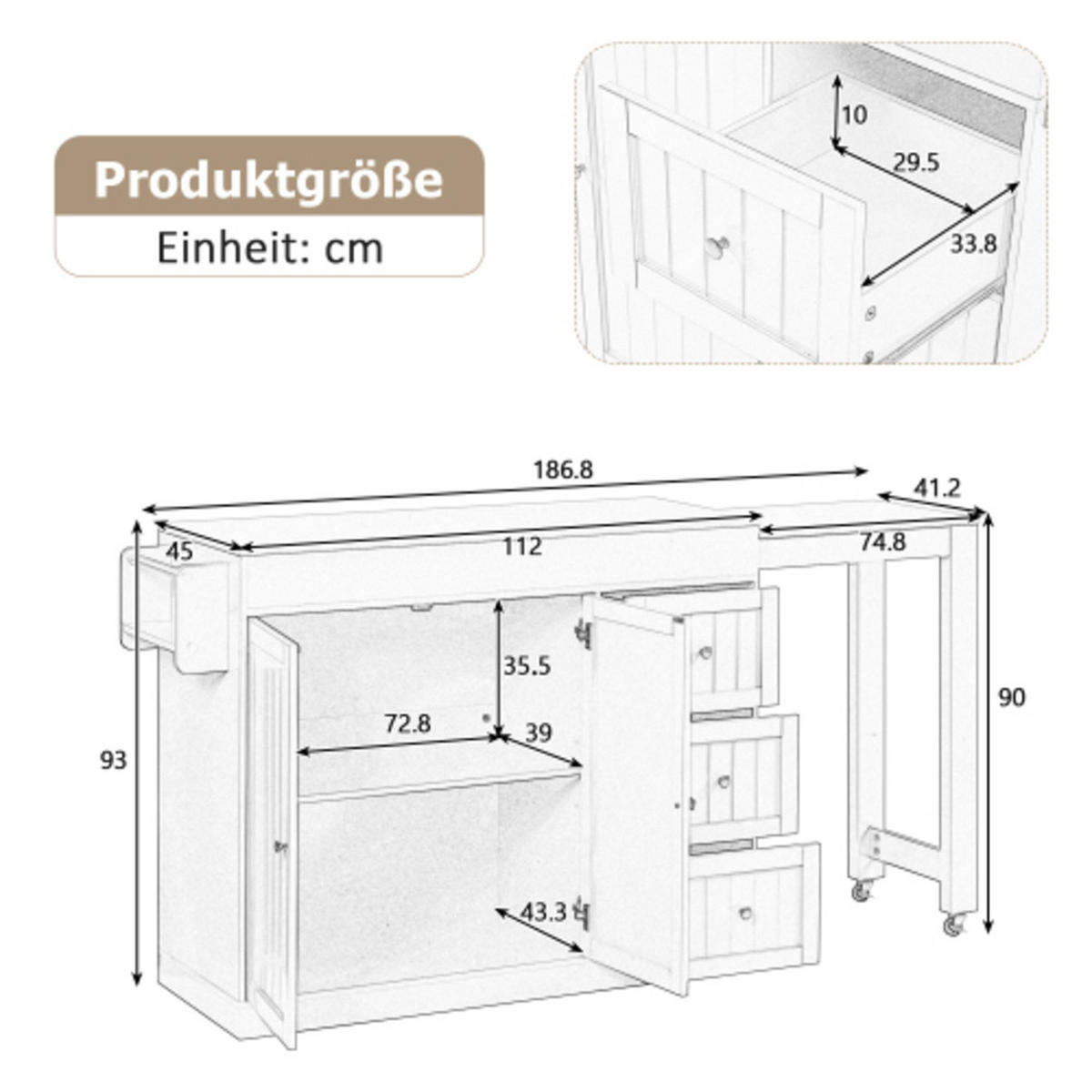 KÜCHENINSEL mit arretierbaren Lenkrollen weiß 112-186,8×45×93 cm aus MDF - Weiß, Holzwerkstoff (186.8/93/45cm) - Luhomfu
