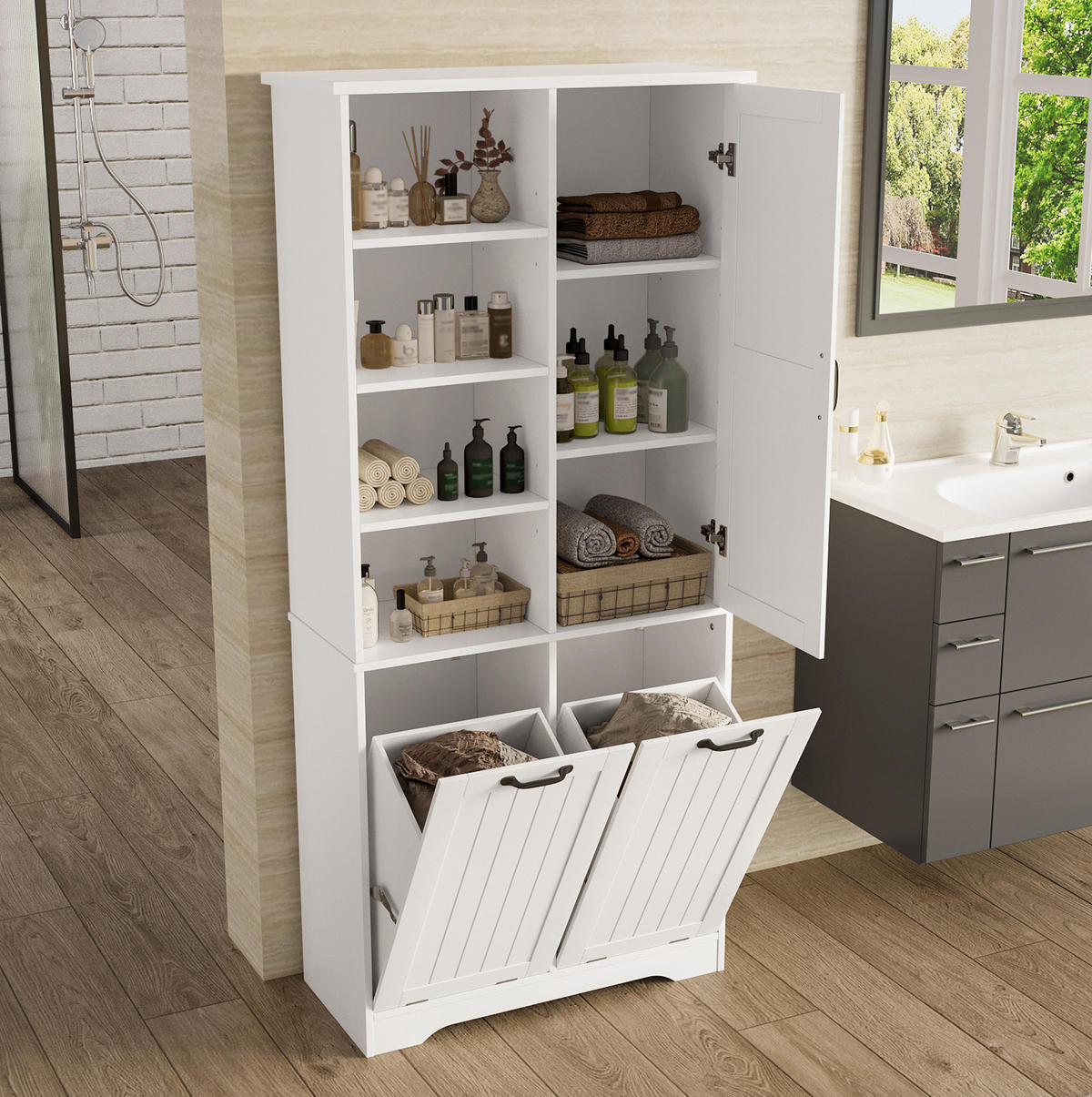 BADEZIMMERSCHRANK 78x35x172.7cm in Weiß, feuchtigkeitsbeständig mit 2 Wäschekörben - Weiß, Holzwerkstoff (78/172.7/35cm) - Modfu