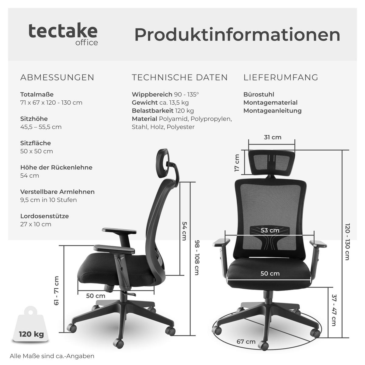 BÜROSTUHL Phoibe, stufenlos höhenverstellbar, schwarz - Schwarz, Kunststoff (71/130/67cm) - tectake
