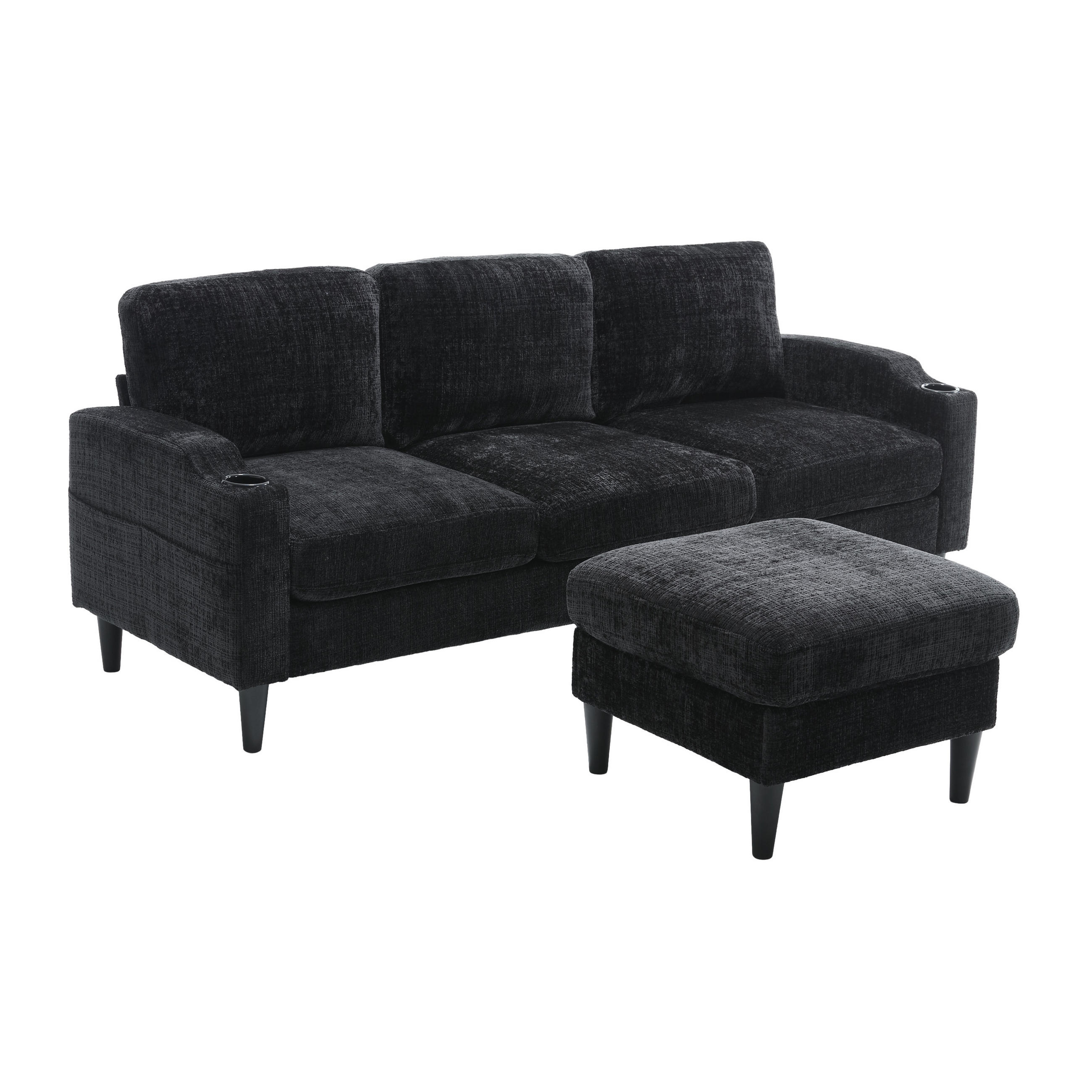 SOFA 4-Sitzer mit Hocker ca. 196,5 x 75 x 77 cm Chenille Black - Schwarz, Kunststoff (196.5/77/75cm) - Meubliv