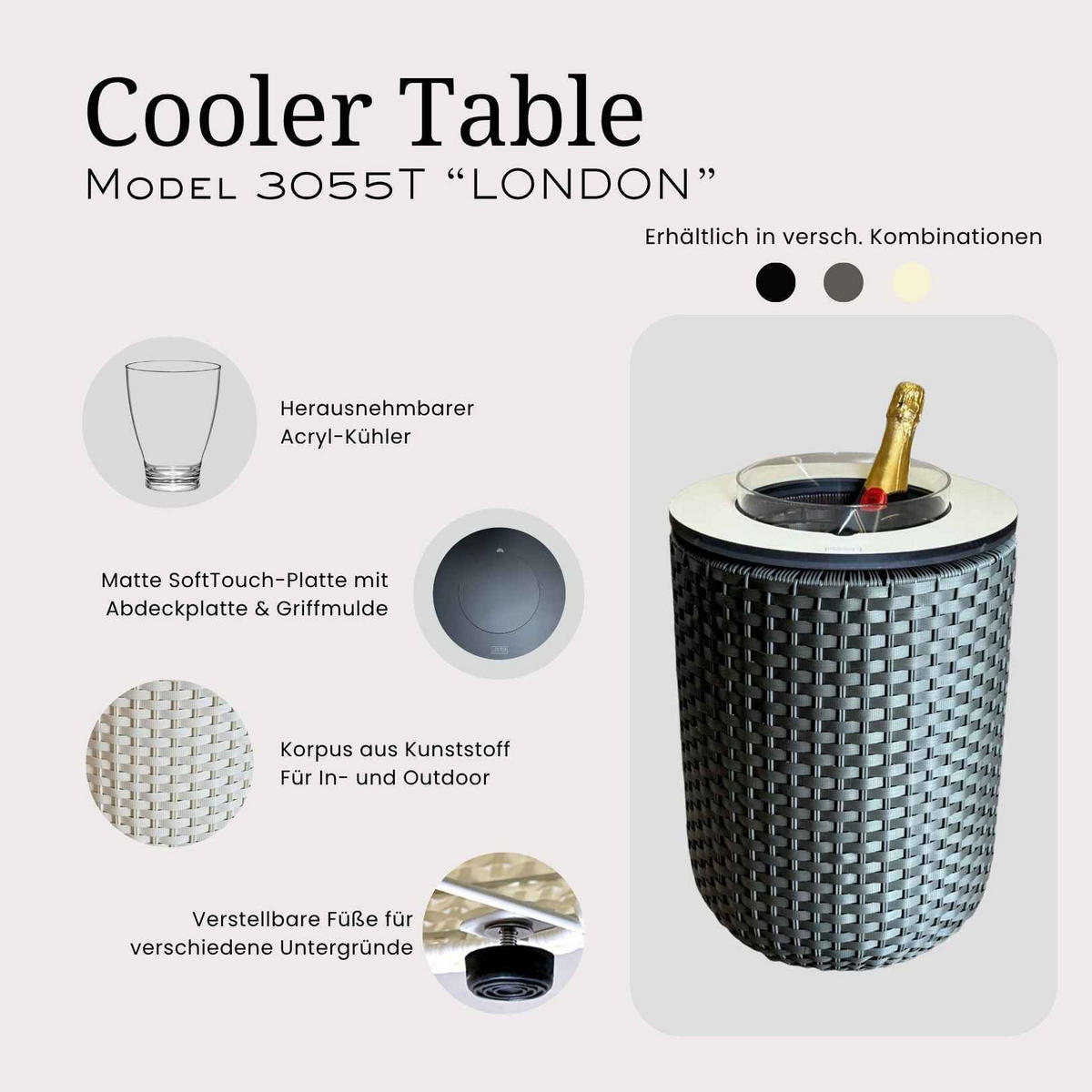 BEISTELLTISCH MIT ACRYL-KÜHLER London Champagner-Schwarz 50 cm - Champagner/Schwarz, Kunststoff (34/34/50cm) - COOTAB Cooler Table