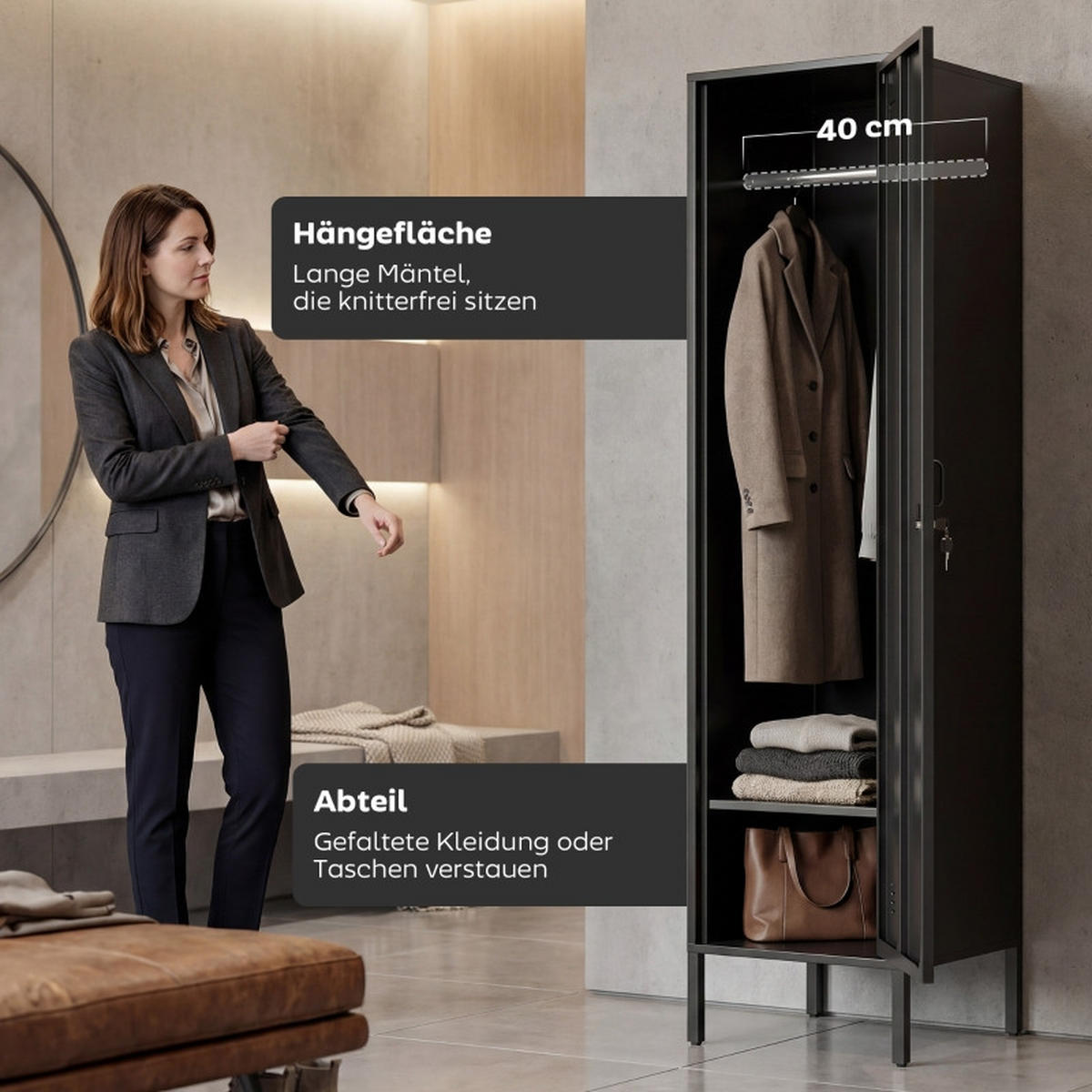 KLEIDERSCHRANK DE-38043 40/40/179 cm mit abschließbarer Tür Schwarz - Schwarz, Metall (40/179/40cm) - ComfortXL